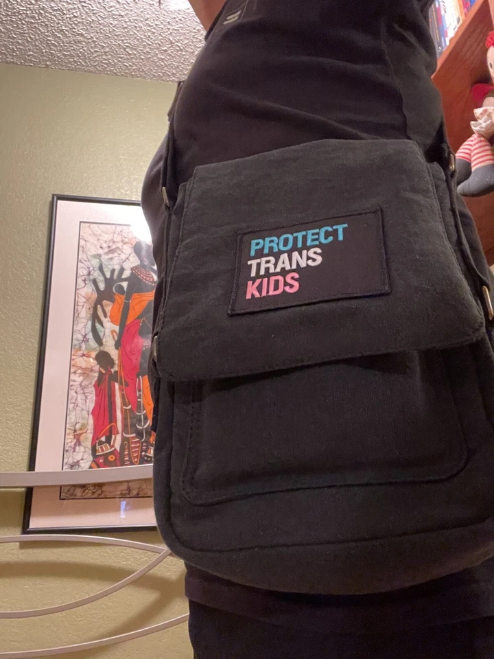 PROTECT TRANS KIDS  4x3" embroidered patch in Transgender Pride colors on black - Image 4 of 4