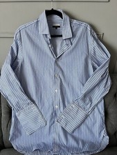 Jaeger Men's Shirt 16" Collar Striped Blue  White 100 Cotton