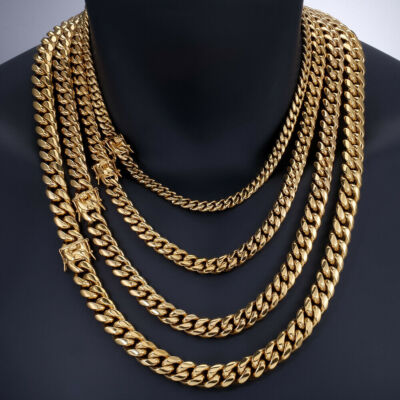 Mens Miami Cuban Link Bracelet Or Chain 18k Gold Plated Stainless Steel 8mm-14mm