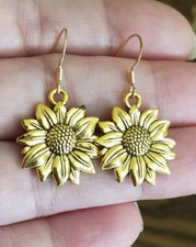14k Gold Sunflower Earrings Sunflower Jewelry, Gold Dangle Earrings. Sunflowers