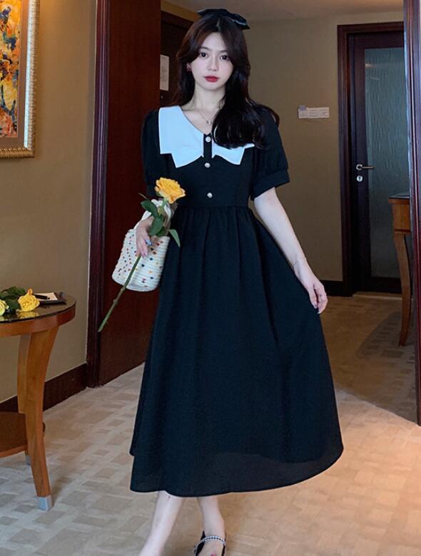 Summer French retro Hepburn style waist slimming little black dress POLO  collar | eBay