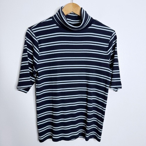 NWT Ann Taylor Weekend Stripe Ribbed Turtleneck Elbow Sleeve Top Blue Sz Large - Picture 2 of 9
