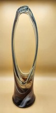 Tall Stretched Art Glass Vase Basket tan Brown Swirl Design Vintage 17  