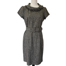 Talbots Gray Tweed Belted Sheath Dress Fringed Collar Silk Wool Blend Sz 10 