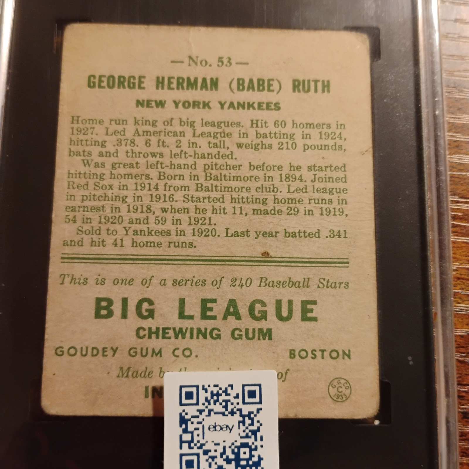 Babe Ruth 1933 Goudey #53 Yellow SGC 1.5  view 9