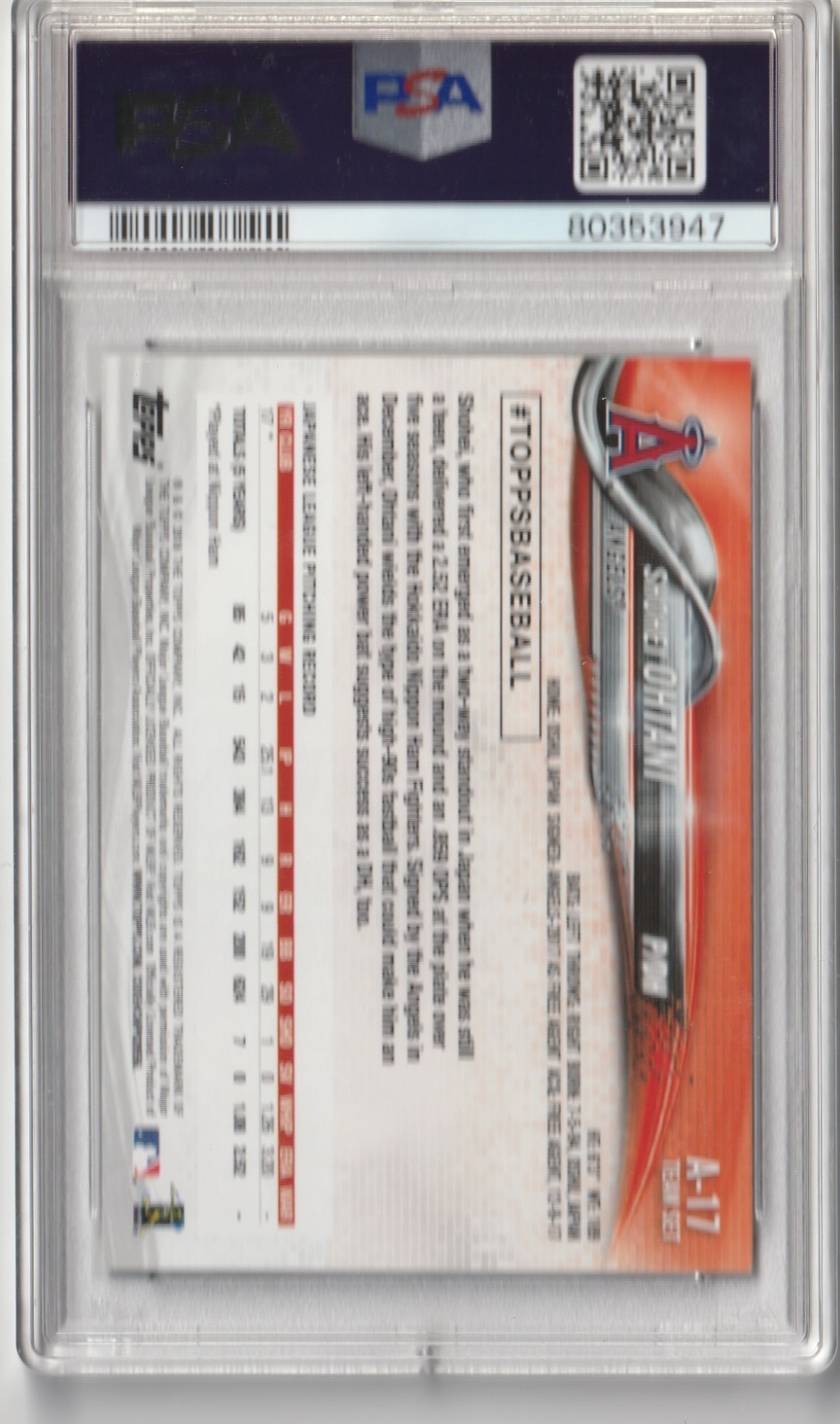 2018 Topps Team Set Shohei Ohtani #A-17 PSA 8 NM-MT view 2