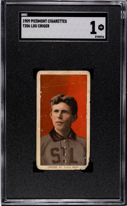 1909 T206 LOU CRIGER NNO POOR PIEDMONT 150 SGC 1 BASEBALL ST. LOUIS BROWNS