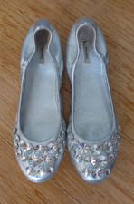 MIU MIU Silver Metallic Leather Crystal Ballet Flats Shoes Italy 38 7.5