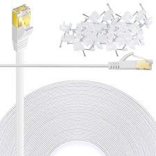 25 FT Cat 6 Ethernet Cable Flat Network Rj45 Patch Cord White With Clips