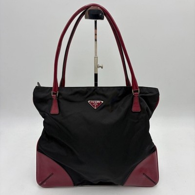 PRADA Triangle Logo Plate Nylon Leather Tote Shoulder Bag Black Red 2Y5276 Auth