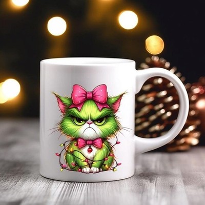Grinch Cat Mug, Fun Holiday Coffee Cup, Perfect for Cat Lovers, Christmas Gift