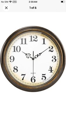 12 in Round Analog Quartz Wall Clock Brown Frame White Face Arabic Numerals