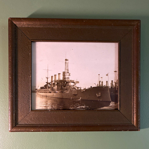 1910 Framed Black & White Naval Warship Photograph with U.S. Flag