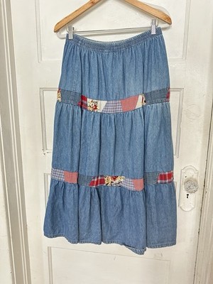Denim Woman s Skirt Vintage Sewn Embroidered Patchwork Patriotic Large