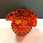 Fenton Vase Rose Bowl Crimped Top Hobnail Orange Glass Vintage