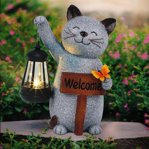 Garden Statue Solar Cat Figurine with Lantern, 10