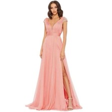 Mac Duggal V-neck Coral Chiffon Gown with Embellished Shoulders