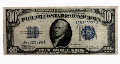 1934D $10 Ten Dollar Silver Certificate Note - Blue Seal Sharp Bill