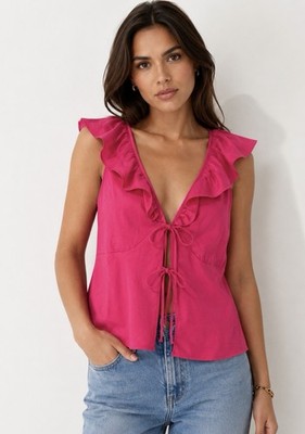 Lush Rose Pink Satin Ruffled Coquette Tie Blouse Tank Y2K  size S