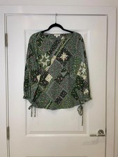 Monsoon Blouse Womens S 12 14 Green Floral Cotton Patchwork Tie Sleeve Top