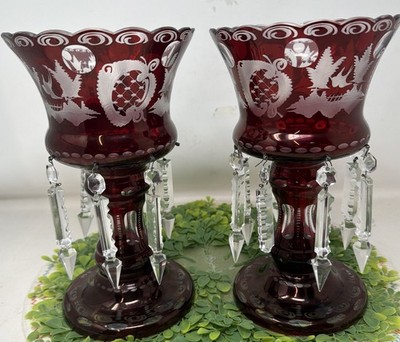 Set of 2 - Egermann Bohemian RUBY RED Etched Cut to Clear Red Mantle Lusters 10''