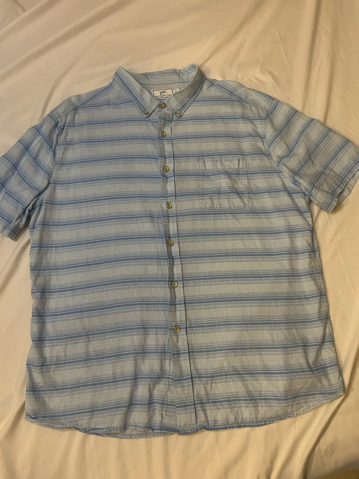 Southern Tide Linen Blend Button Down Short Sleeve Shirt Size XL Blue
