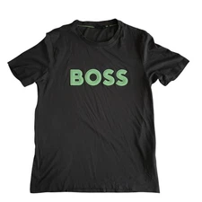 Hugo Boss Mens Black T-Shirt With Green Logo Print Size L