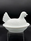Vtg WHITE Indiana Milk Glass Chicken Hen Nest Covered Dish Trinket 7.5x5”