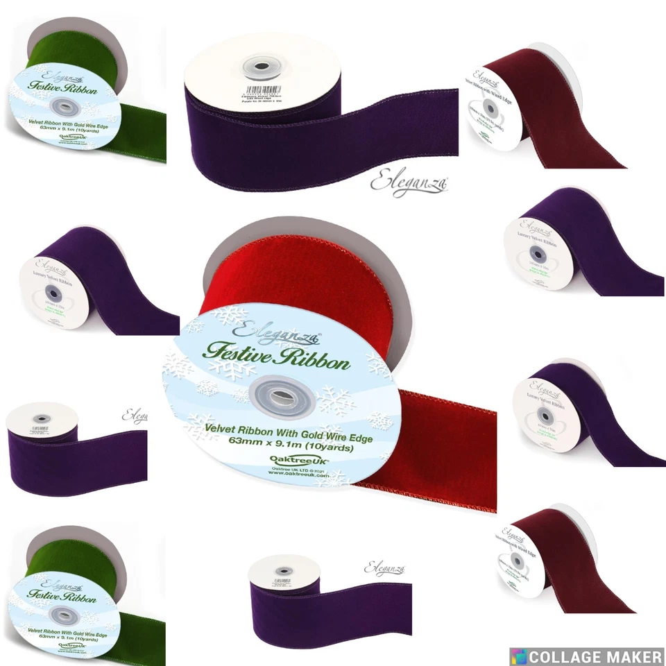 OAKTREE UK Wired Edged Velvet Ribbon 60mm or 100mm wide. 1, 3 and full roll (10m) Christmas