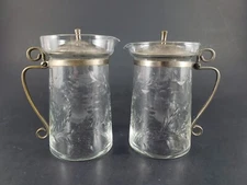 2 Rock Sharpe Buttercup Vintage Glass Syrup/Cream Pitcher Metal Handle Floral