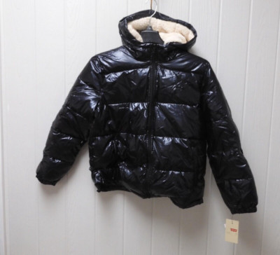 Sz XL Black Levi's Shiny Puffer Jacket Women's Sherpa Lined Hood