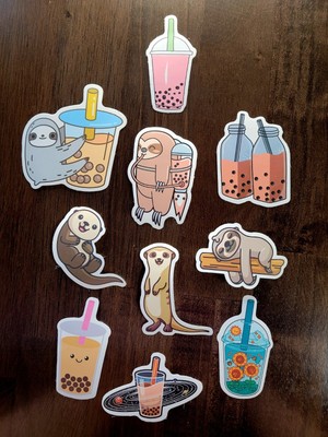 STICKERS x 10 Boba Drink Sloth Galaxy Meer Cat Sunflower Tea Sticker AN1