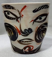 AKIO TAKAMORI Hand Thrown, Hand Painted "Cup."  with face, Signed, 1980-1989