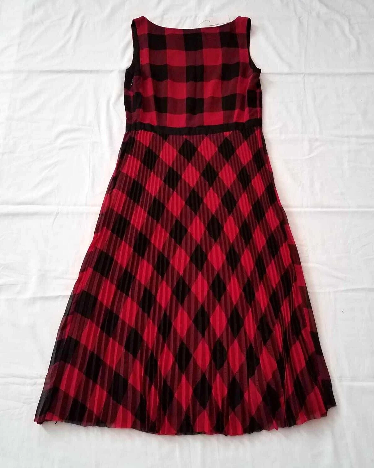 VALENTINO NUOVO abito Georgette TALBOTS rosso nero a quadretti bufalo taglia 16P 16 Petit