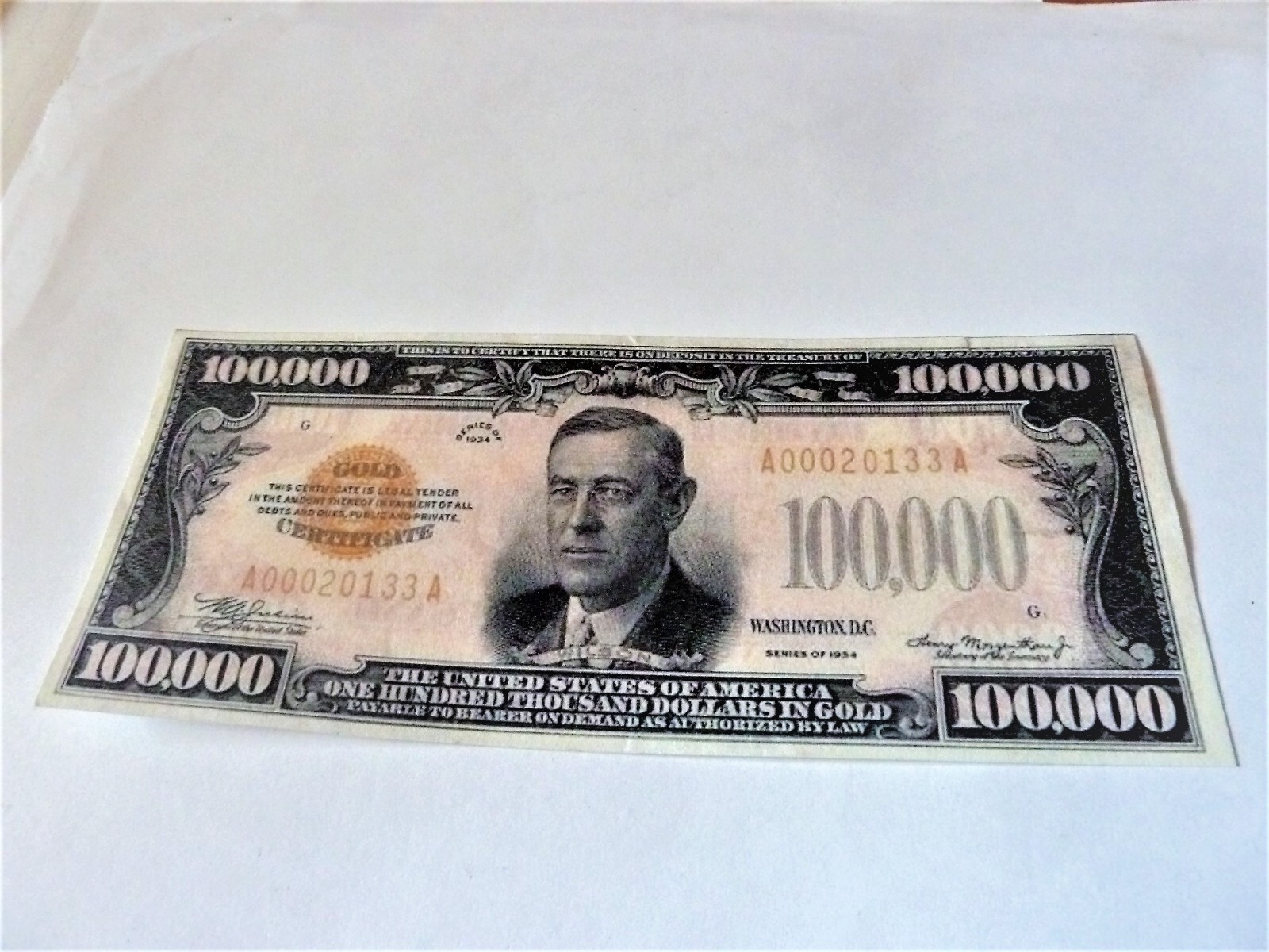 ONE SIDED $100,000  US  BANKNOTE  1934  for display only