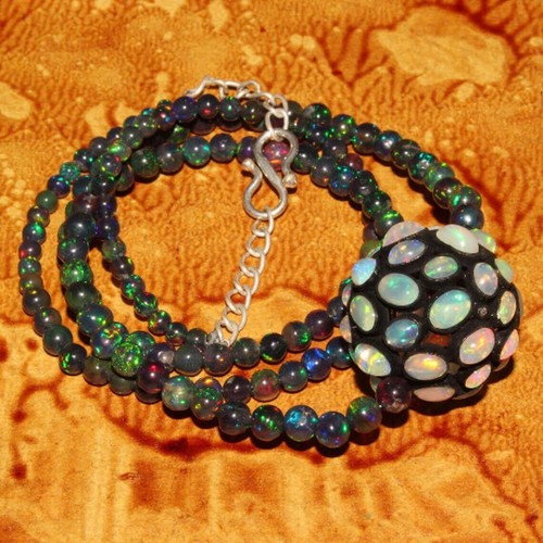 Natural Ethiopian Opal Necklace Black Smooth Opal Balls Opal Diamond Necklace - Picture 10 of 11