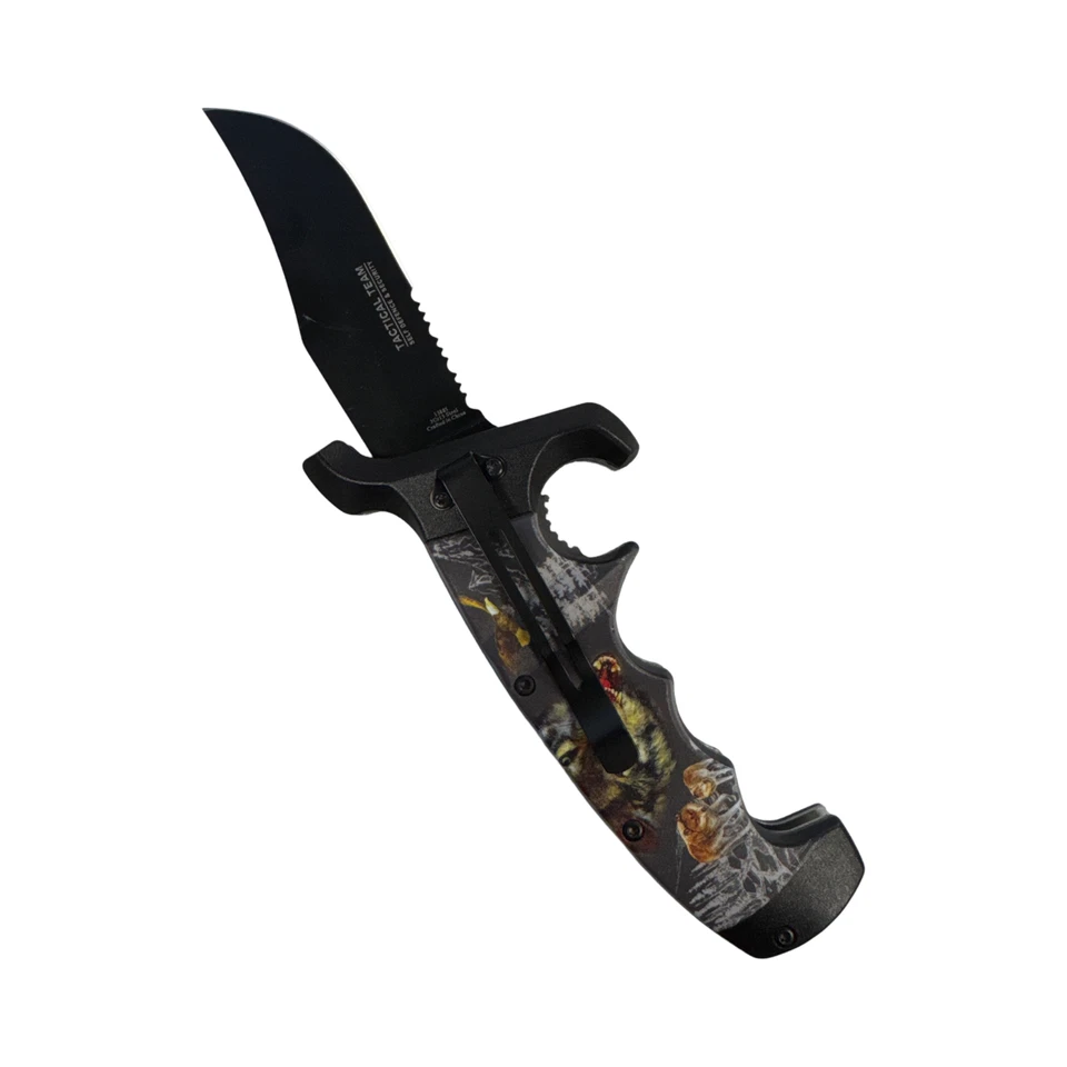 Defender-Xtreme 9" Raging Wolves Mango Asistido por Resorte Cuchillo Plegable Clip de Cinturón Foto 2 de 3