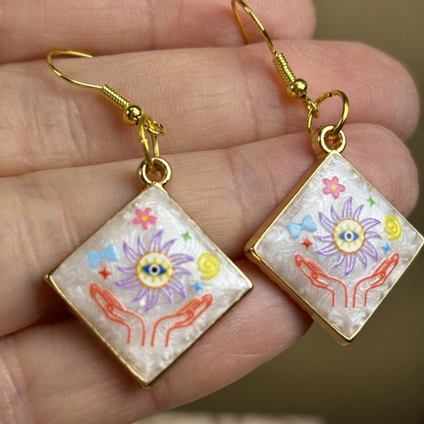 Alternate view of Evil Eye Sun Mudra Hook Dangle Earrings Gold Plated Womens Symbol Jewellery New