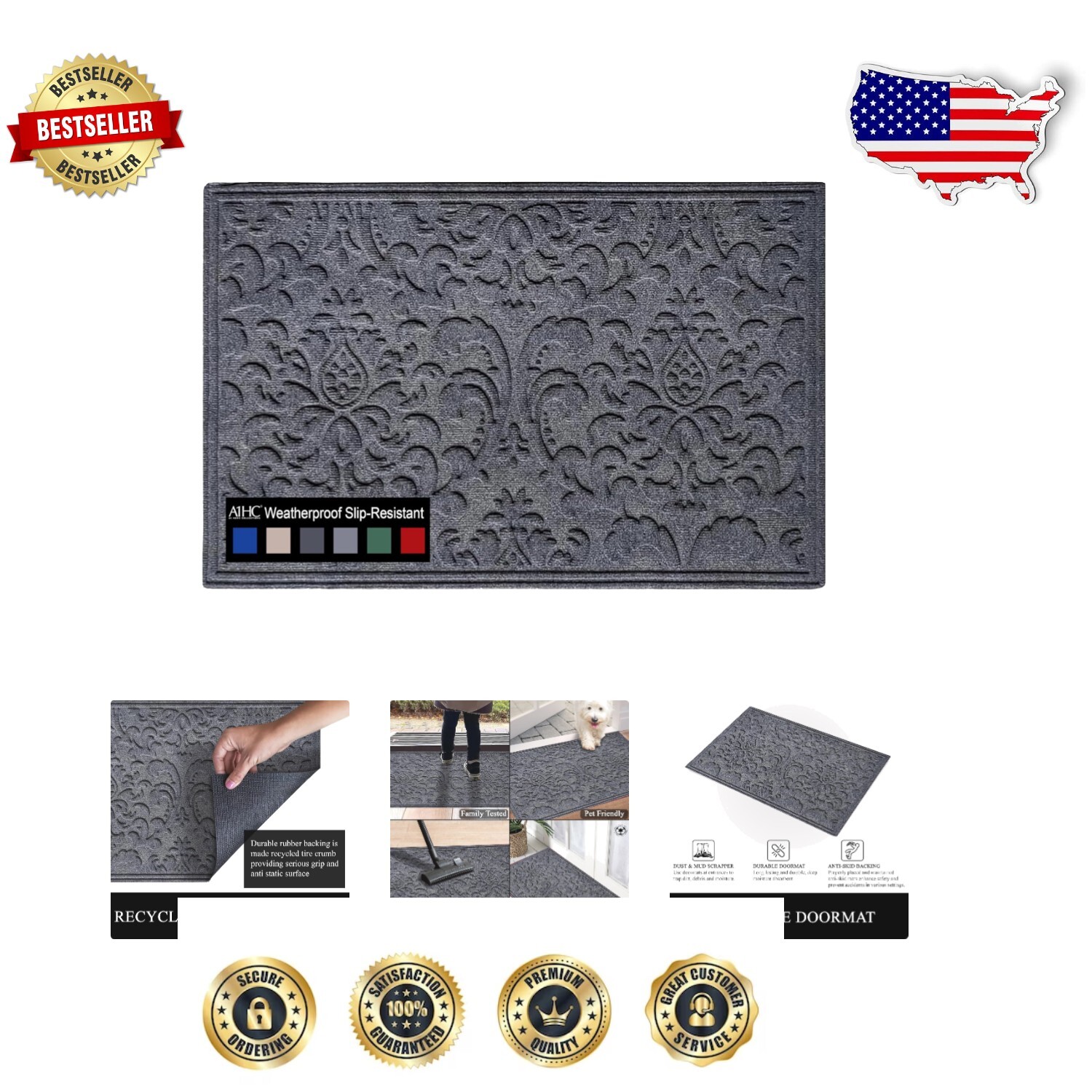 Large Dark Grey Doormat with Heavy Duty Rubber Backing – Easy Clean Welcome Mat