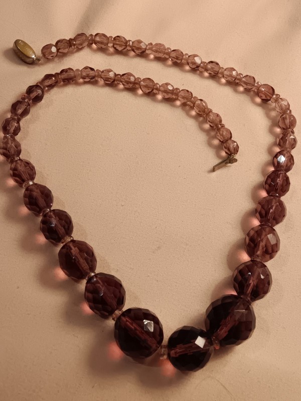 Purple Glass Bead Necklace Marked Czech Faceted Transparent Hand Cut Vintage