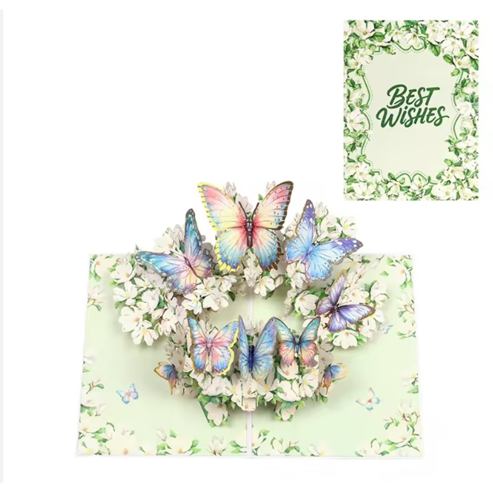 Magnolia Flowers Flying & Butterfly Dancing Best Wishes 3D Pop Up Greeting Card