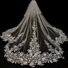 Customized Floral Lace Cathedral Wedding Veil Two Tier Ivory Long Bridal Veil