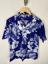Vintage Hilo Hattie Blue White Hibiscus Aloha Hawaiian Shirt Men  s M