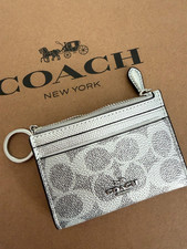 Coach NWT Mini Skinny Id Case In Signature Canvas Silver Key Chain GIFT BOX