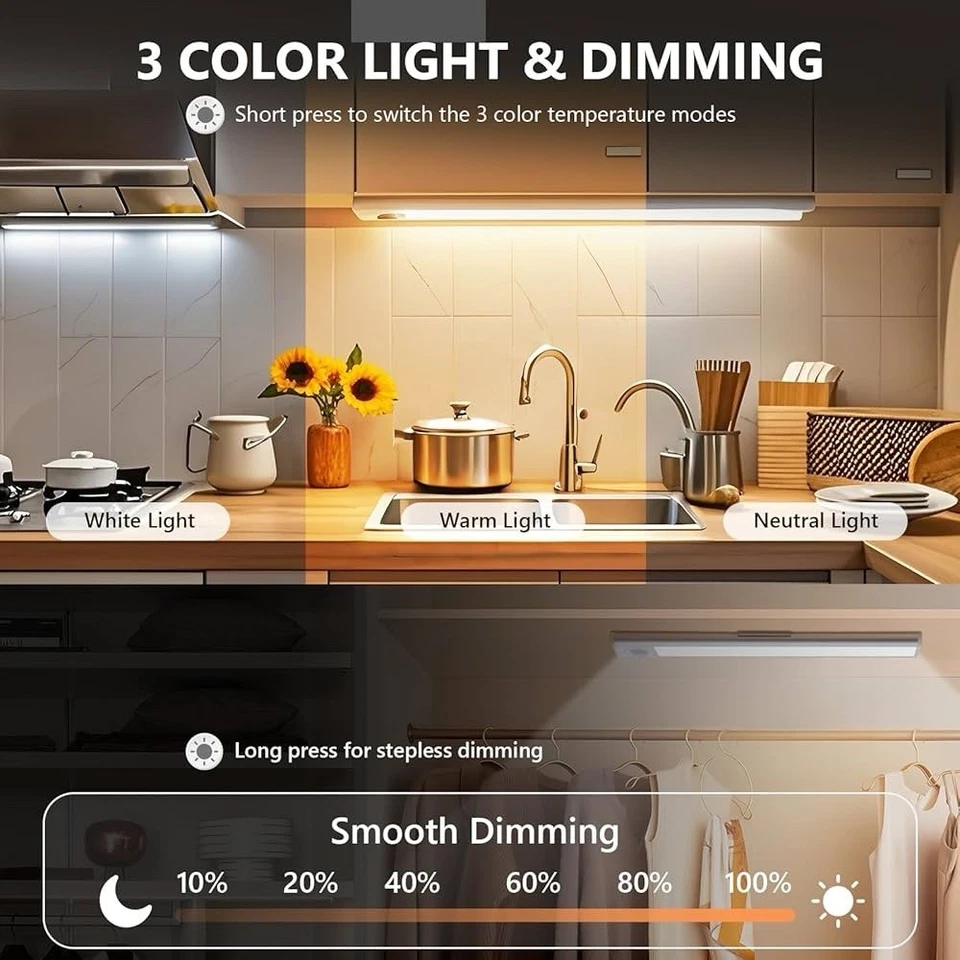 4-Pack LED Under Cabinet Lights, Rechargeable Motion Sensor, 3 Color Dimmable - Image 3 of 4