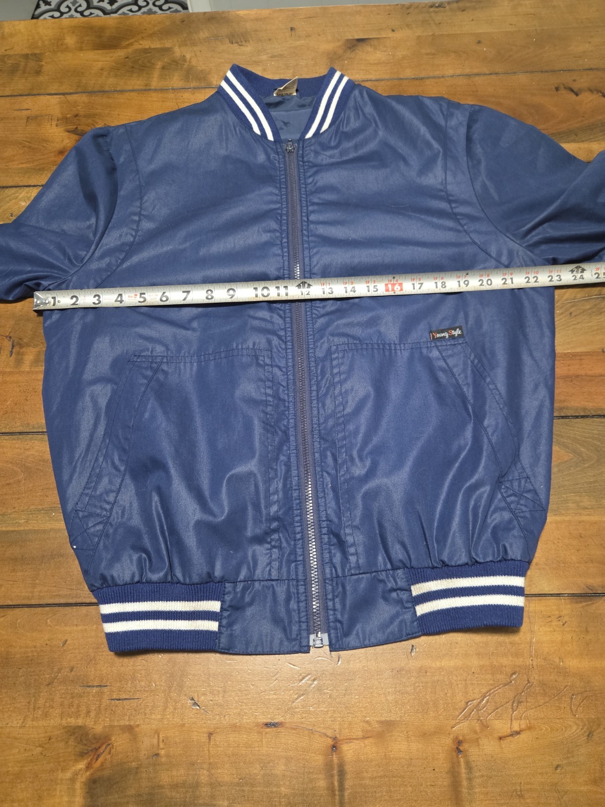 Vintage 80s Young Style Jacket Navy Blue Baseball Varsity Windbreaker Large 52 image 3