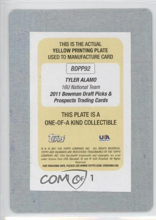 2011 Bowman Draft Prospects Printing Plate Yellow 1/1 Tyler Alamo #BDPP92 0t3 - Image 2 of 3