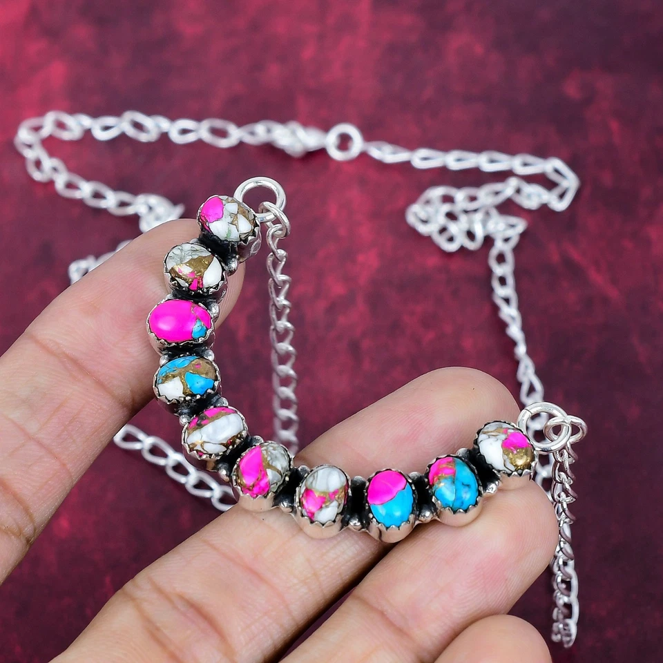 Cotton Candy Turquoise Gemstone Handmade 925 Sterling Silver Jewelry Necklace - Image 2 of 4