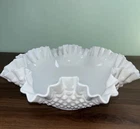 Vintage Fenton White Milk Glass Hobnail Fluted Crimped Ruffled Bowl Basin 11.5"