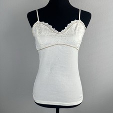 Vintage Y2K Babydoll Cami Sz Medium Ivory Beaded Ribbed Coquette Romantic Fairy